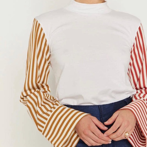 Destree Grayson White Cotton Top With Yellow Orange Striped Long Sleeves SZ S - Picture 1 of 12